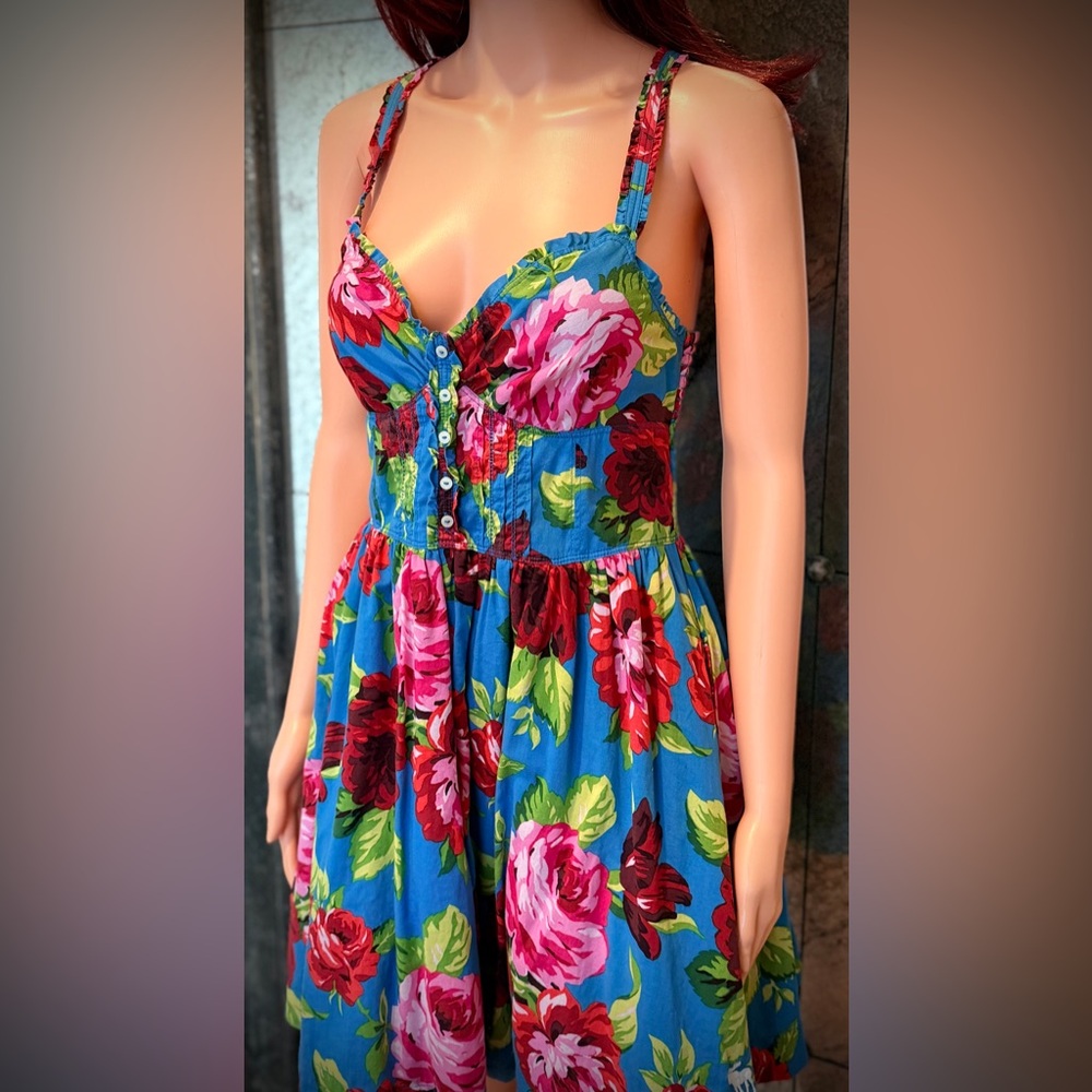 Abercrombie & Fitch Vibrant Blue Strapless Dress with Pink Floral - Picture 2 of 13